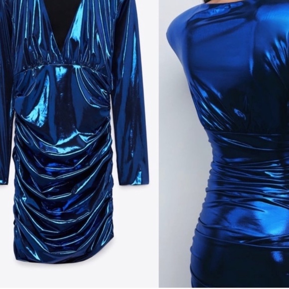 NWT ZARA LAMINATED BLUE DRAPED DRESS - Picture 3 of 14